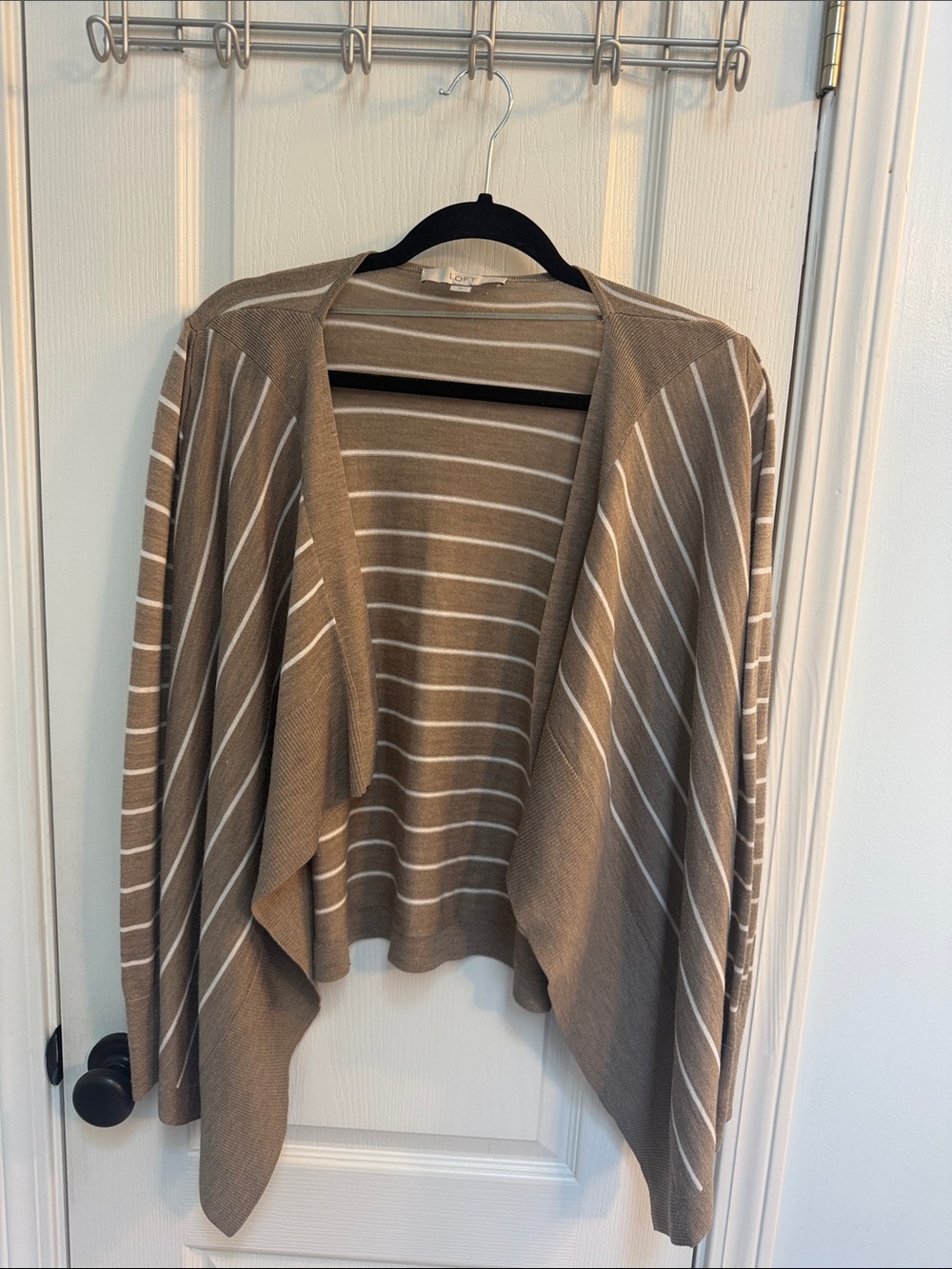 LOFT Taupe and White Striped Open-Front Cardigan